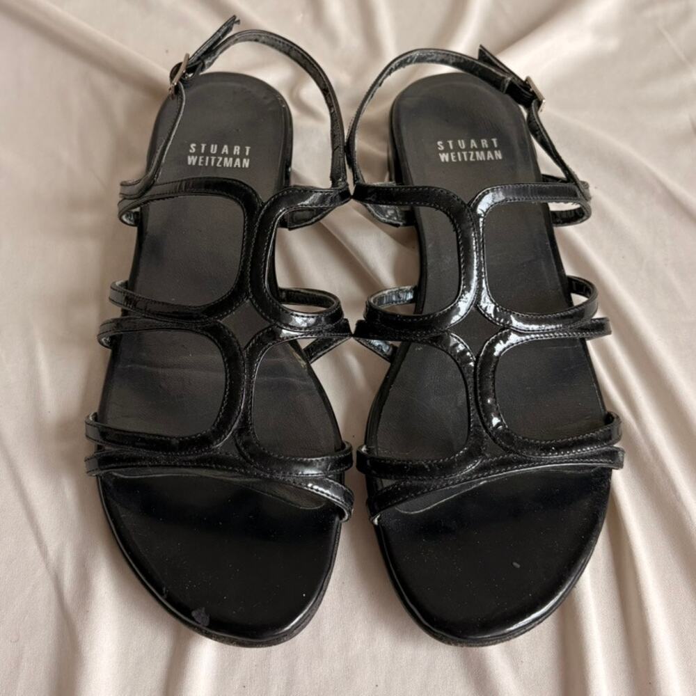 Stuart Weitzman Black Patent Leather T-Strap Flats - Size 7.5 - Picture 2 of 8